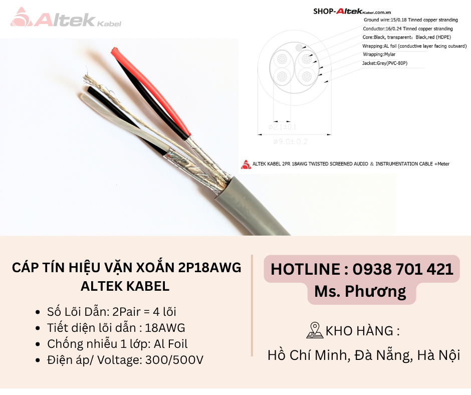 Cáp tín hiệu vặn xoắn 2P18AWG Altek Kabel Đà Nẵng, Hà Nội, Hồ Chí Minh